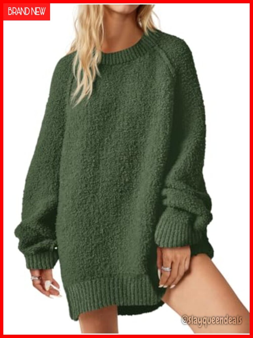 Oversized Fuzzy Crew Neck Tunic Sweater Batwing Long Sleeve Pullover